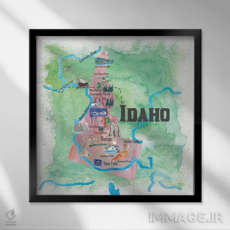 تابلو دکوراتیو "پوستر سفر تصویری آمریکا، آیداهو" اثر مارکوس و مارتینا بلیشنر - نمای قابدار مشکی