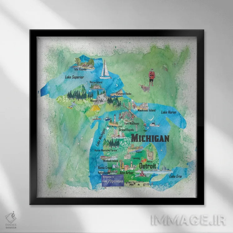 تابلو دکوراتیو پوستر سفر مصور ایالات متحده، میشیگان اثر مارکوس و مارتینا بلیشنر - نمای قابدار مشکی