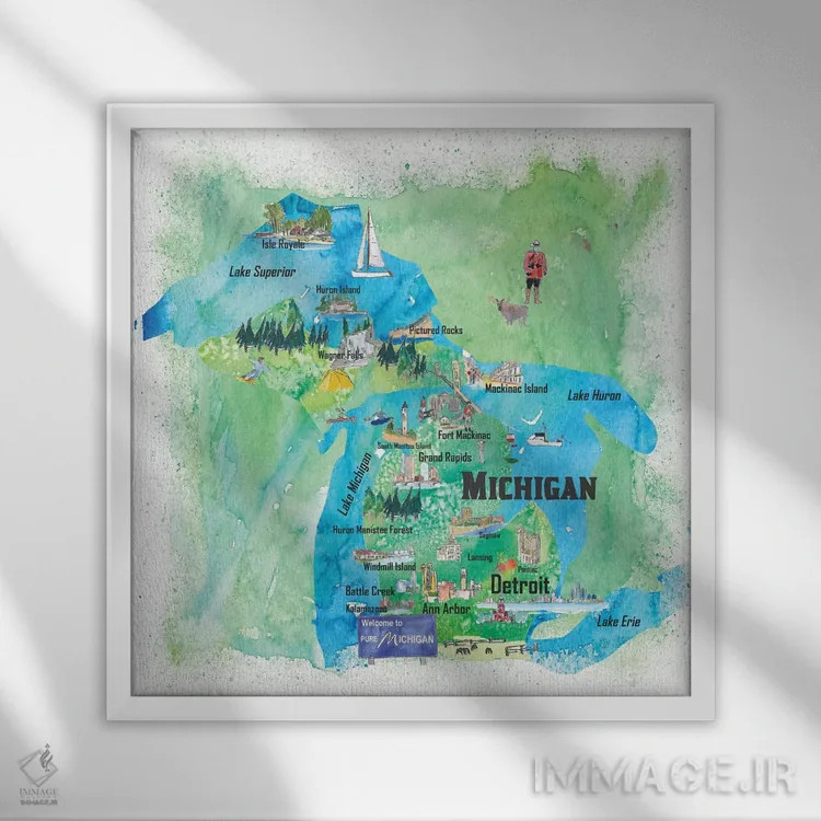 تابلو دکوراتیو پوستر سفر مصور ایالات متحده، میشیگان اثر مارکوس و مارتینا بلیشنر - نمای قابدار سفید
