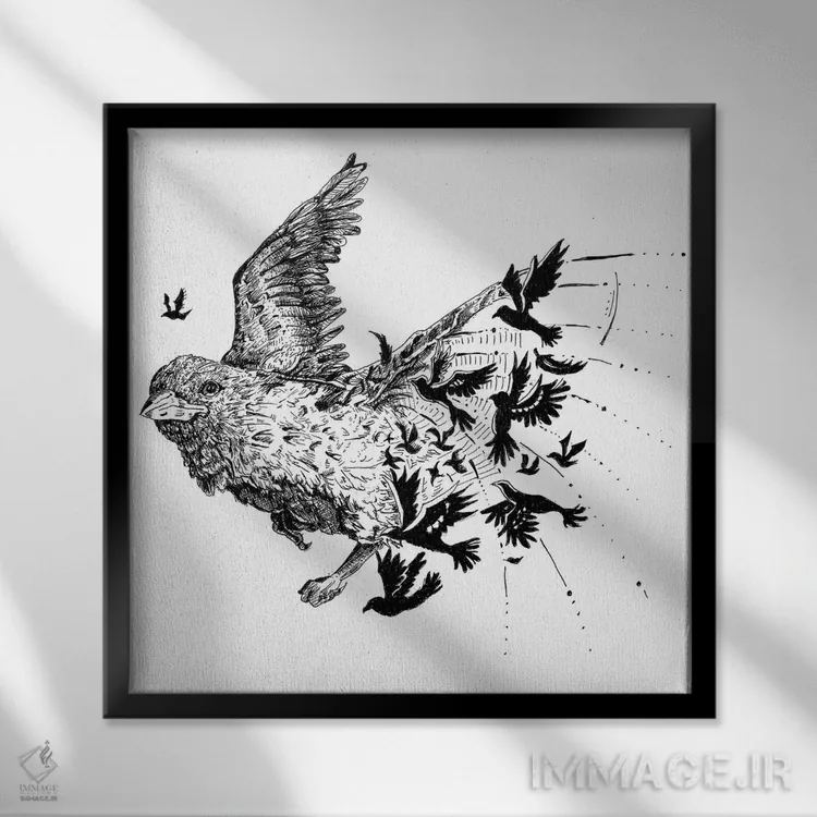 تابلو دکوراتیو پرنده ها اثر میستر مرلین - نمای قابدار مشکی
