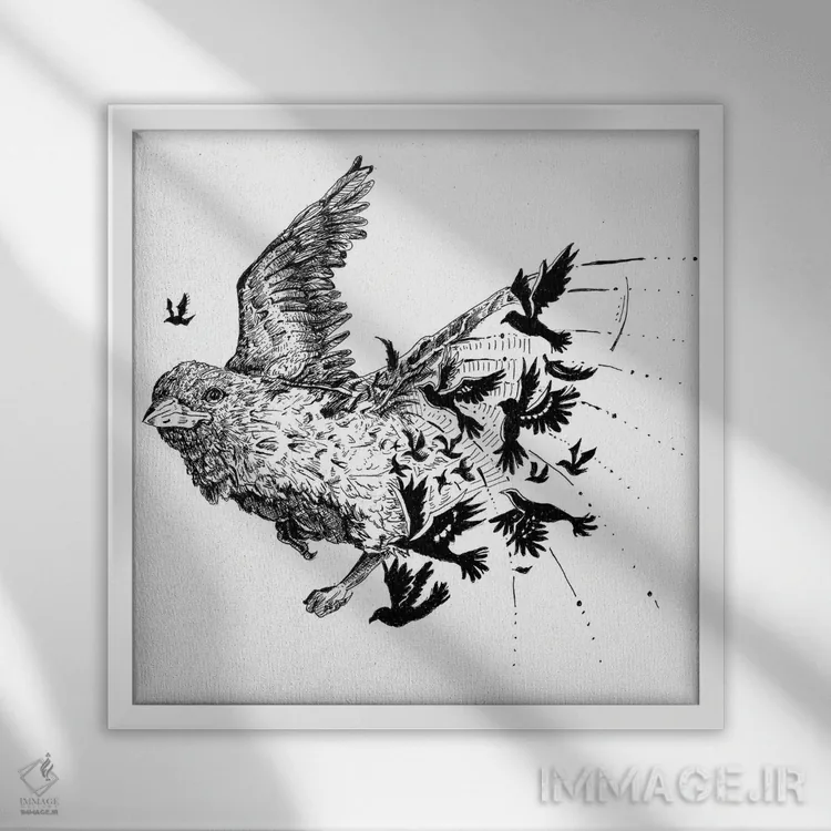 تابلو دکوراتیو پرنده ها اثر میستر مرلین - نمای قابدار سفید