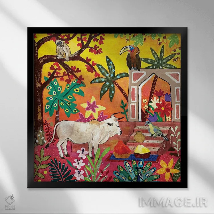 تابلو دکوراتیو "گاو مقدس در باغ مهاراجه" اثر ماگالی مودوکس - نمای قابدار مشکی
