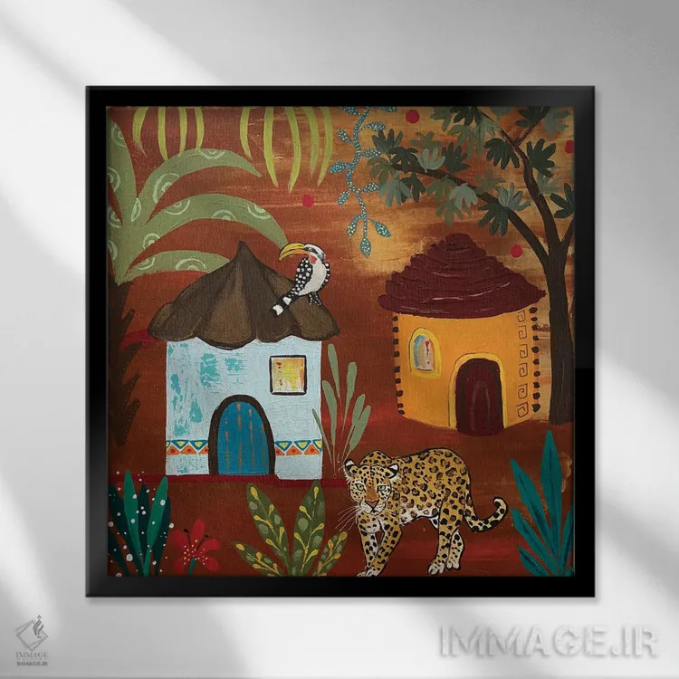 تابلو دکوراتیو "پلنگ در روستا" اثر ماگالی مودوکس - نمای قابدار مشکی