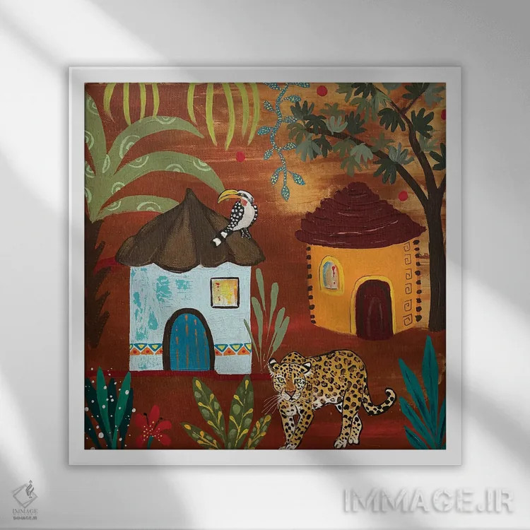 تابلو دکوراتیو "پلنگ در روستا" اثر ماگالی مودوکس - نمای قابدار سفید