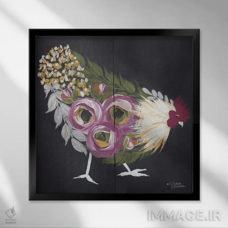 تابلو مدرن مرغ گل دار روی زمینه مشکی اثر میشل نورمن - نمای قابدار مشکی