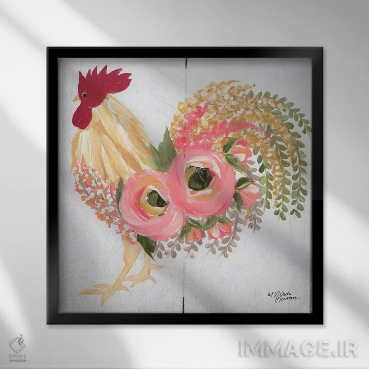 تابلو دکوراتیو خروس گل دار روی زمینه سفید اثر میشل نورمن - نمای قابدار مشکی