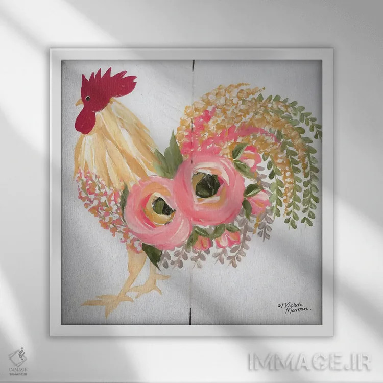 تابلو دکوراتیو خروس گل دار روی زمینه سفید اثر میشل نورمن - نمای قابدار سفید