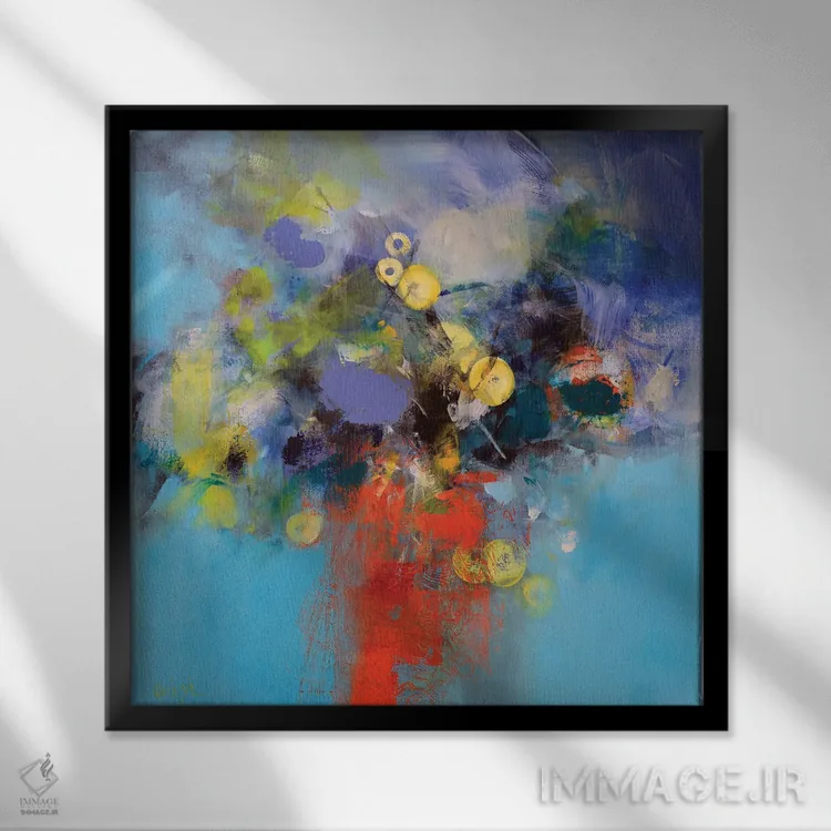 تابلو انتزاعی گل های آبی و زرد اثر ماریان کووینزین - نمای قابدار مشکی