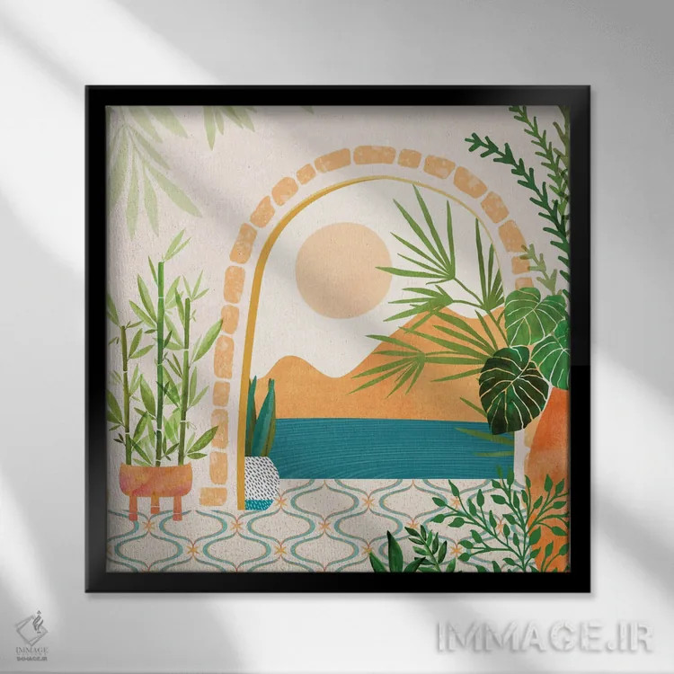تابلو مدرن منظره ویلا اثر مدرن تروپیکال - نمای قابدار مشکی