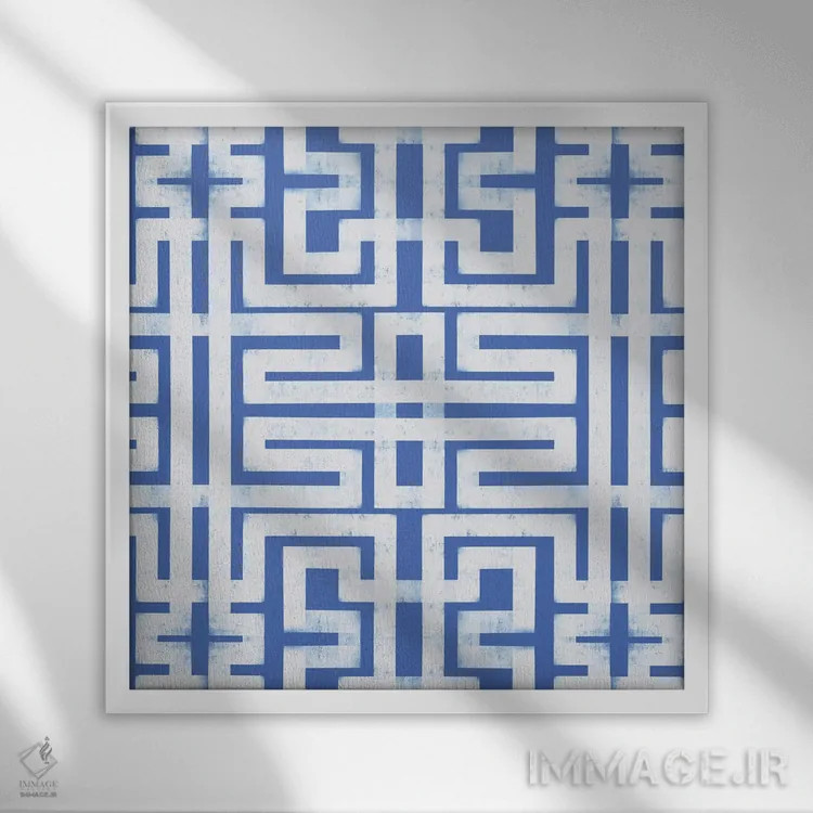 تابلو مدرن لابیرنت نیلی اثر مدرن تروپیکال - نمای قابدار سفید