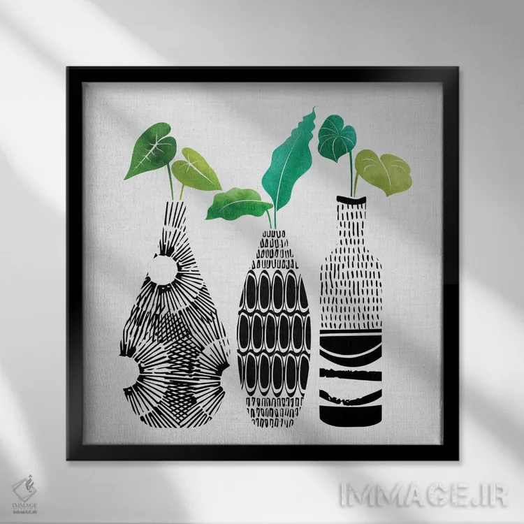 تابلو مینیمال سه گانه گلدان های قبیله ای اثر مدرن تروپیکال - نمای قابدار مشکی