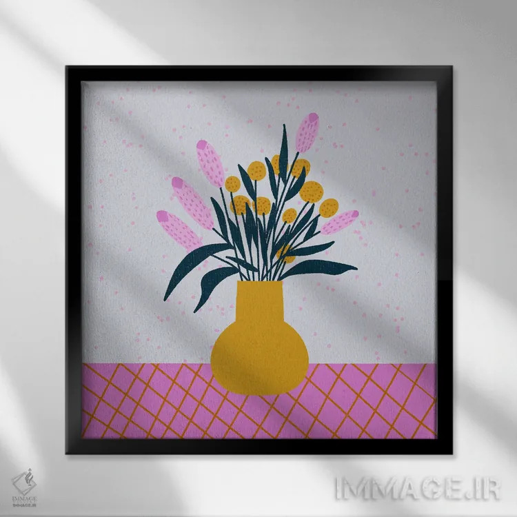 تابلو دکوراتیو گلدان گل انتزاعی اثر آنجلا مینکا - نمای قابدار مشکی