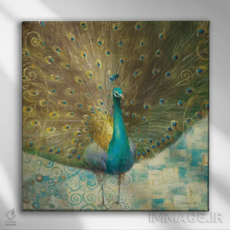 تابلو دکوراتیو طاووس سبزآبی روی طلایی اثر دان هوی نای - نمای روبهرو روی دیوار