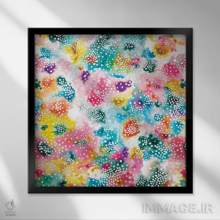 تابلو انتزاعی سطح آزمایشی رنگارنگ اثر نینولا دیزاین - نمای قابدار مشکی
