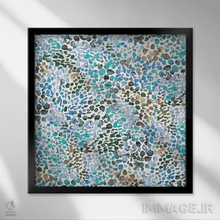 تابلو انتزاعی آبرنگ خالدار آبی اثر نینولا دیزاین - نمای قابدار مشکی