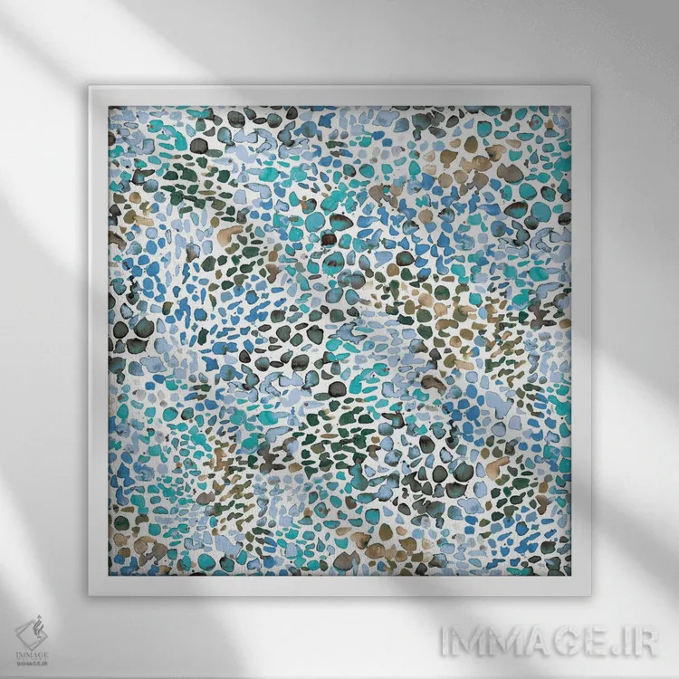 تابلو انتزاعی آبرنگ خالدار آبی اثر نینولا دیزاین - نمای قابدار سفید