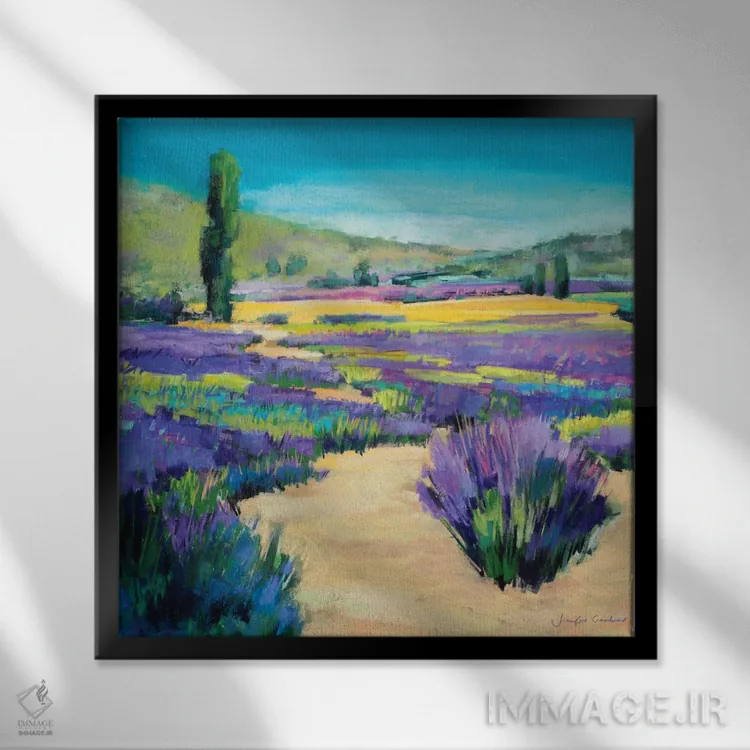 تابلو دکوراتیو مسیر میان اسطوخودوس ها اثر جنیفر گاردنر - نمای قابدار مشکی