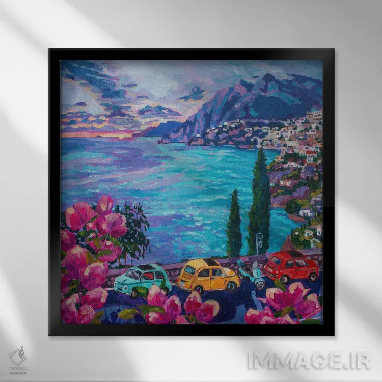 تابلو دکوراتیو Positano,فیات ها در آرینتزو، پوزیتانو اثر هدر نگی - نمای قابدار مشکی