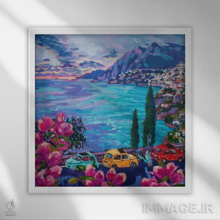 تابلو دکوراتیو Positano,فیات ها در آرینتزو، پوزیتانو اثر هدر نگی - نمای قابدار سفید