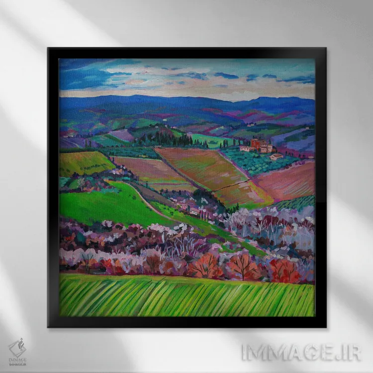 تابلو دکوراتیو تپه های غلتان توسکانی ۳ اثر هدر نگی - نمای قابدار مشکی
