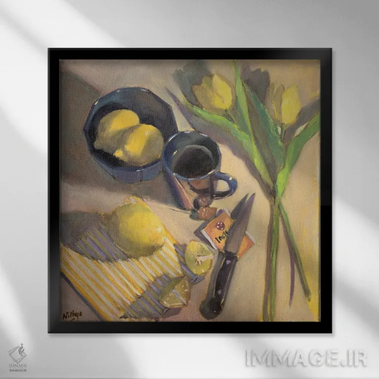 تابلو دکوراتیو لیمو و چای اثر نیتیا سوامیناتان - نمای قابدار مشکی