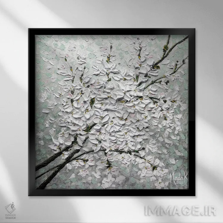 تابلو دکوراتیو گلبرگ ها در آسمان اثر ندا خطیب - نمای قابدار مشکی