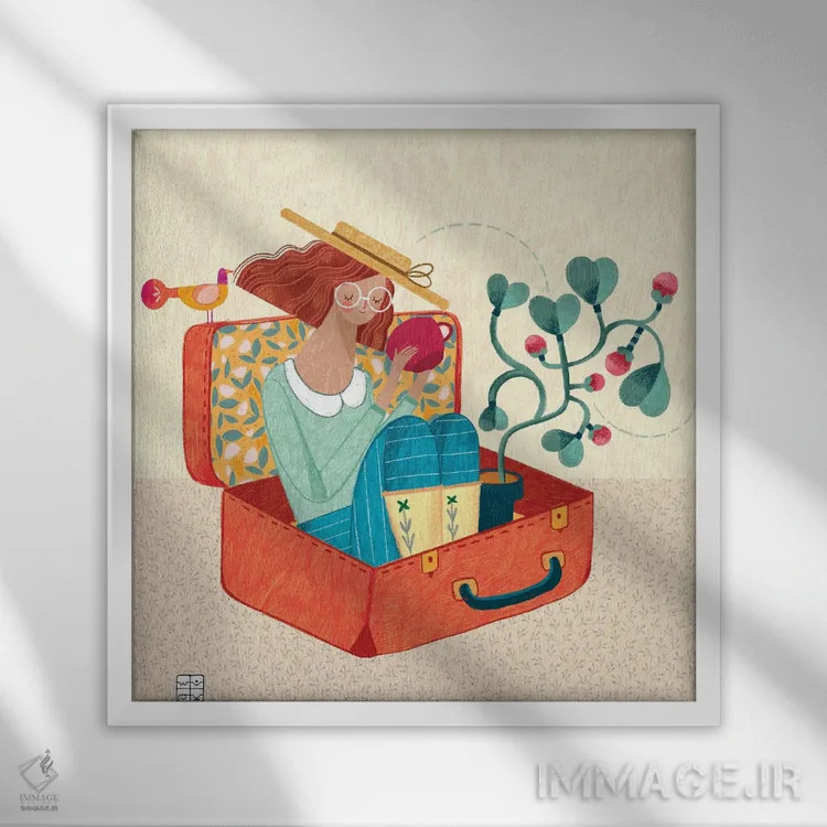 تابلو دکوراتیو ماجراهایی در یک چمدان اثر نسیم نوروزی - نمای قابدار سفید
