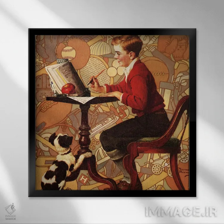تابلو کلاسیک پسری در حال خواندن کاتالوگ سیرز اثر نورمن راکول - نمای قابدار مشکی