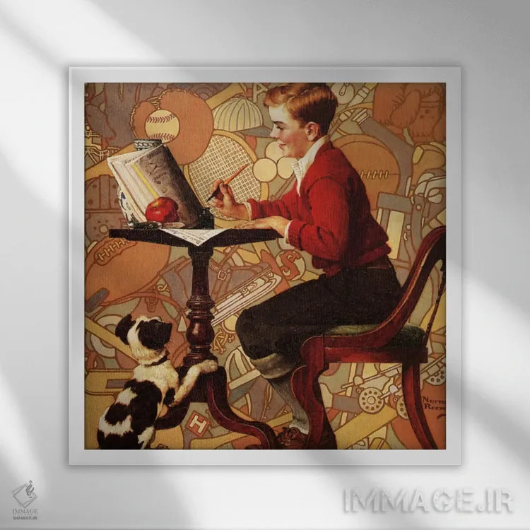 تابلو کلاسیک پسری در حال خواندن کاتالوگ سیرز اثر نورمن راکول - نمای قابدار سفید