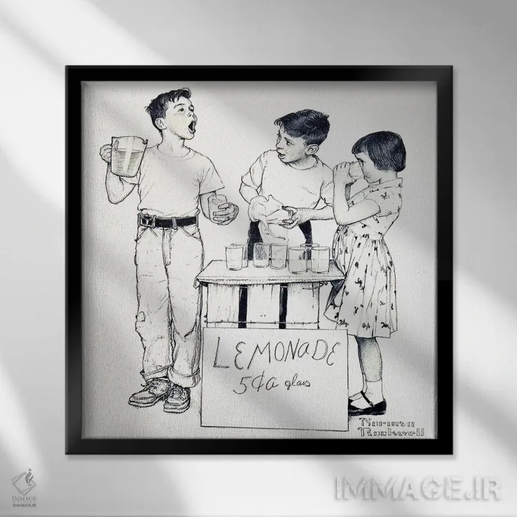تابلو کلاسیک دکه لیموناد فروشی اثر نورمن راکول - نمای قابدار مشکی