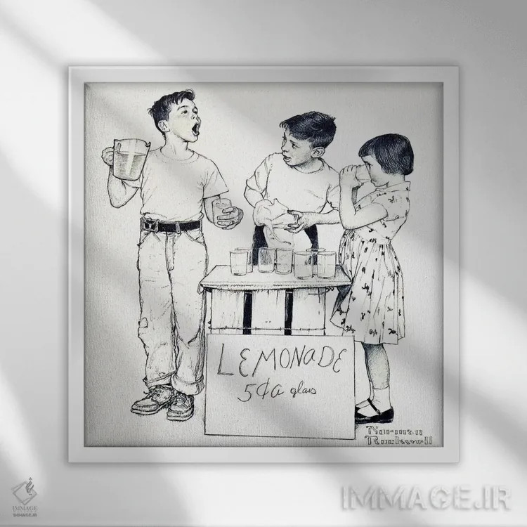 تابلو کلاسیک دکه لیموناد فروشی اثر نورمن راکول - نمای قابدار سفید