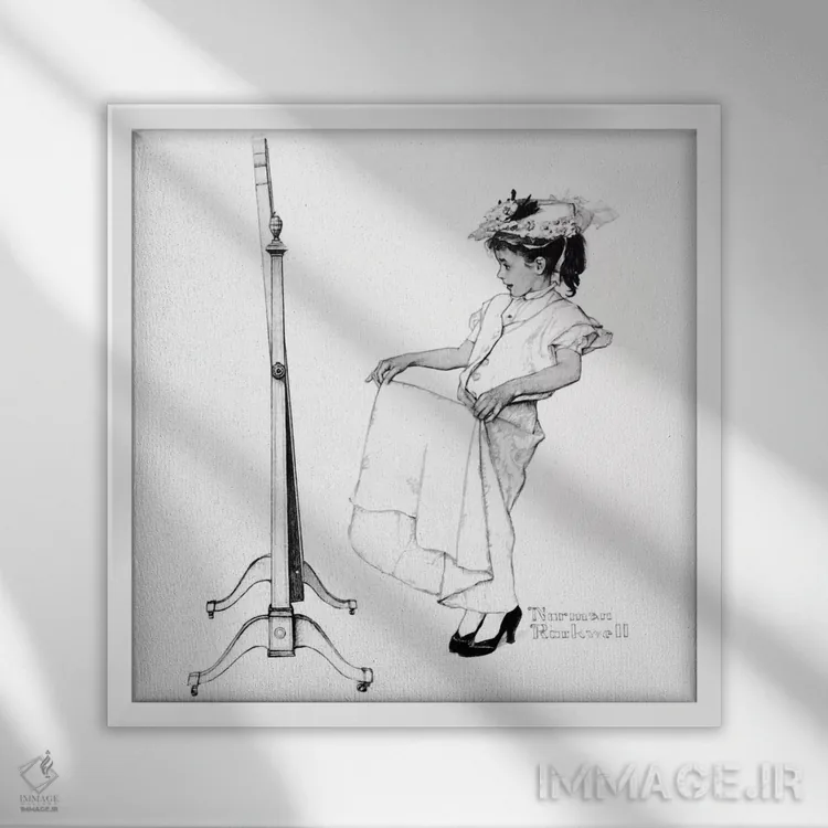 تابلو کلاسیک دختر در برابر آینه اثر نورمن راکول - نمای قابدار سفید
