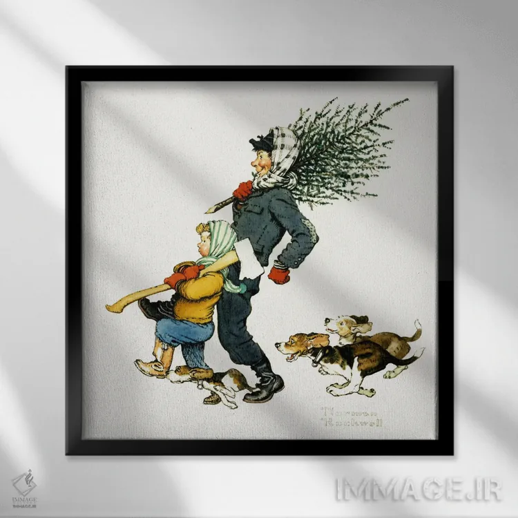 تابلو کلاسیک آوردن درخت به خانه اثر نورمن راکول - نمای قابدار مشکی