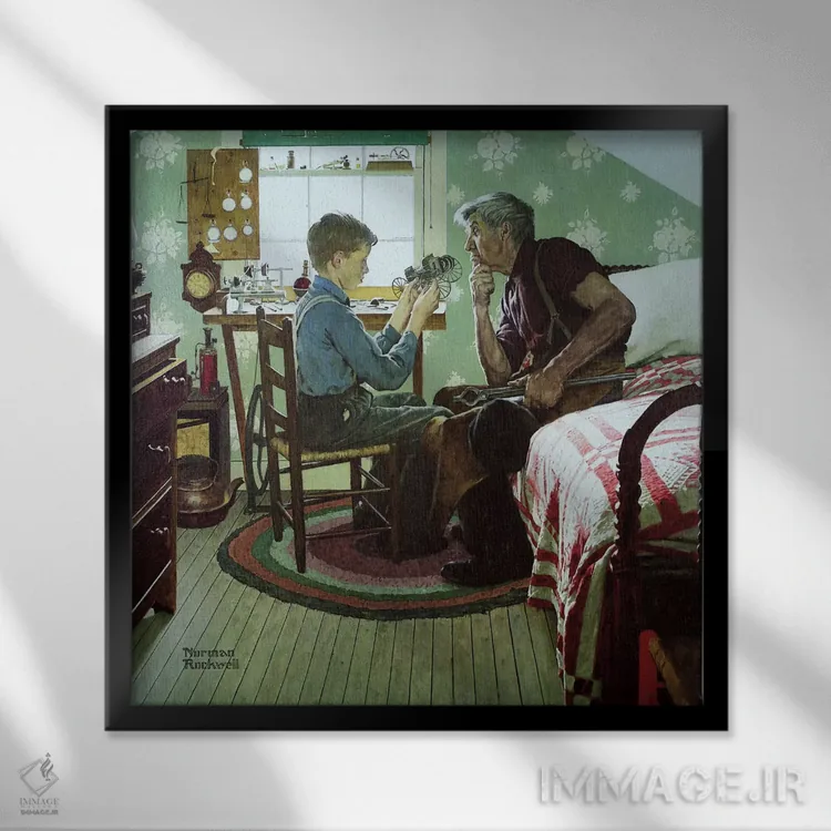 تابلو کلاسیک پسری که دنیا را روی چرخ ها گذاشت اثر نورمن راکول - نمای قابدار مشکی