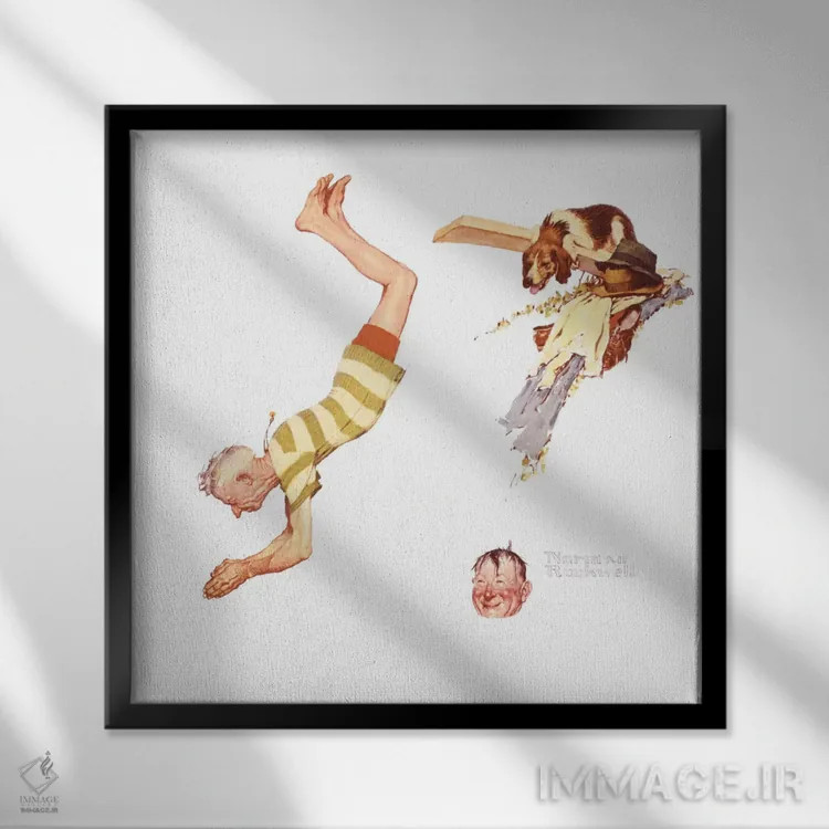 تابلو کلاسیک دو پیرمرد و سگ: استخر شنای روستا اثر نورمن راکول - نمای قابدار مشکی