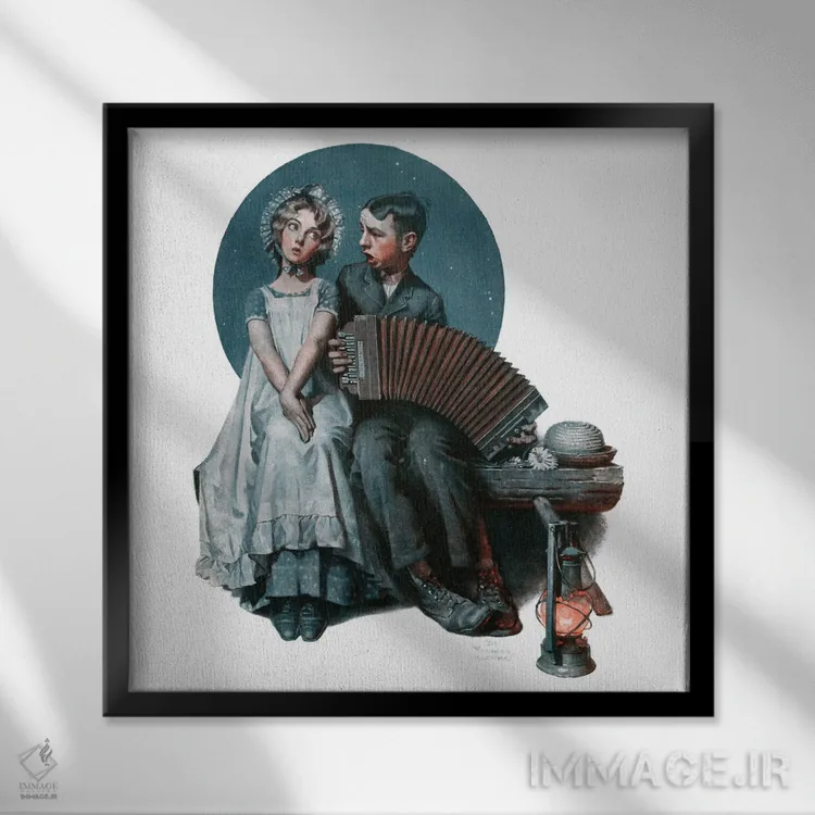 تابلو کلاسیک آکاردئون زن اثر نورمن راکول - نمای قابدار مشکی