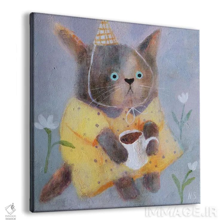 تابلو دکوراتیو گربه صبحگاهی با لباس زرد اثر ناتالیا شالوشویلی - نمای پرسپکتیو محصول