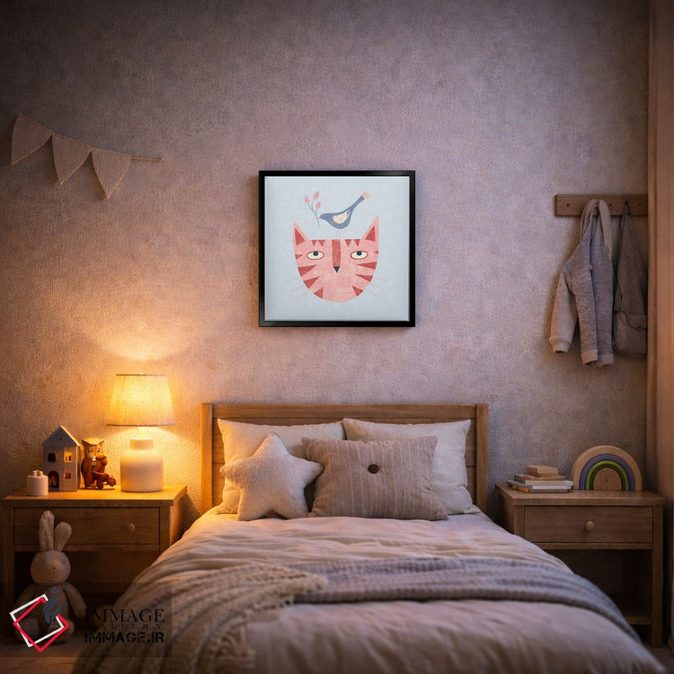 تابلو مینیمال گربه، پرنده و گل اثر نیک اسکویرل - D6B