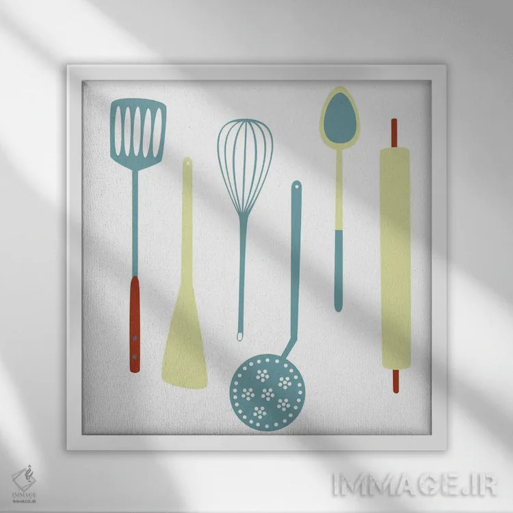 تابلو دکوراتیو ابزار آشپزخانه قدیمی اثر نیک اسکویرل - نمای قابدار سفید