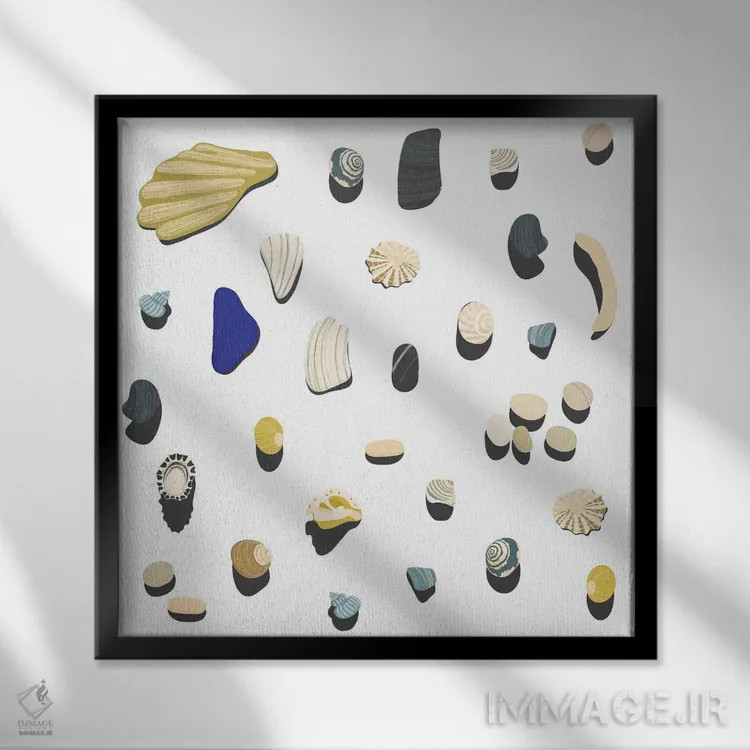 تابلو مینیمال جمع آوری اشیا در ساحل اثر نیک اسکویرل - نمای قابدار مشکی