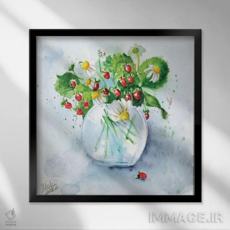 تابلو دکوراتیو دسته گل بابونه و توت در گلدان اثر ناتالی مک - نمای قابدار مشکی