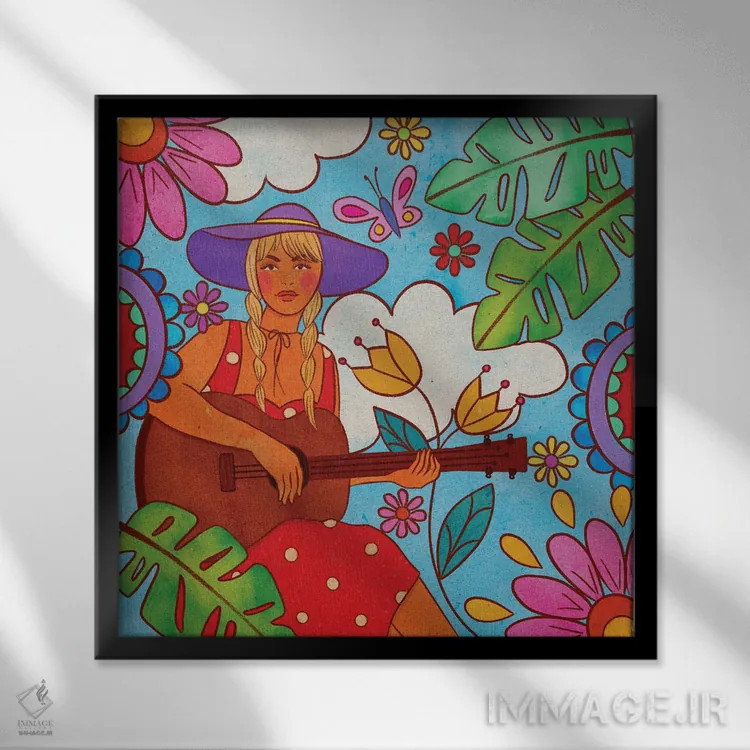 تابلو دکوراتیو دختر گیتار به دست اثر اولیویا بورکی - نمای قابدار مشکی