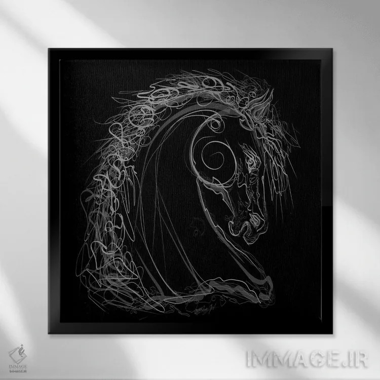 تابلو مینیمال طراحی خطی اسب نر سفید روی زمینه سیاه اثر اولنا آرت - نمای قابدار مشکی