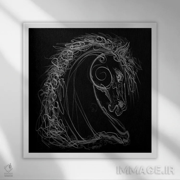 تابلو مینیمال طراحی خطی اسب نر سفید روی زمینه سیاه اثر اولنا آرت - نمای قابدار سفید