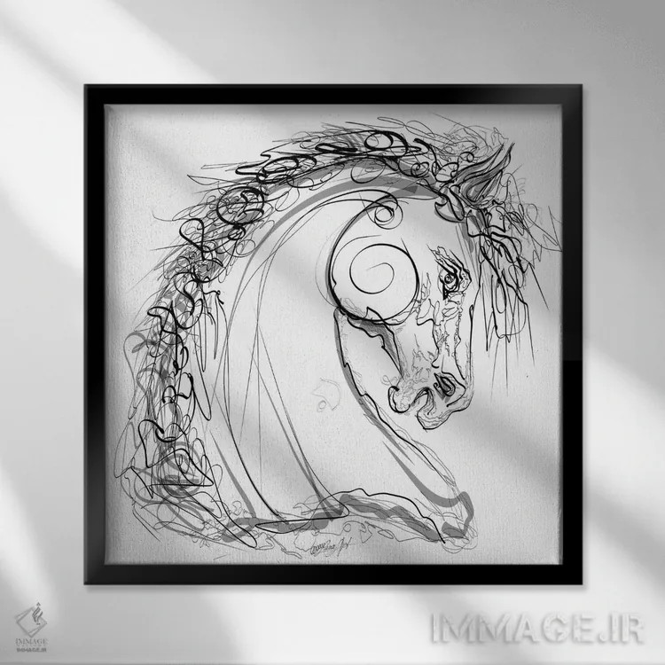 تابلو مینیمال طرح خطی اسب نر تیره اثر اولنا آرت - نمای قابدار مشکی
