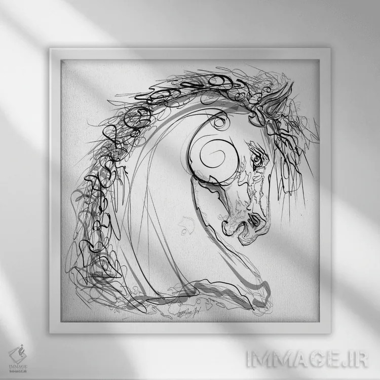 تابلو مینیمال طرح خطی اسب نر تیره اثر اولنا آرت - نمای قابدار سفید