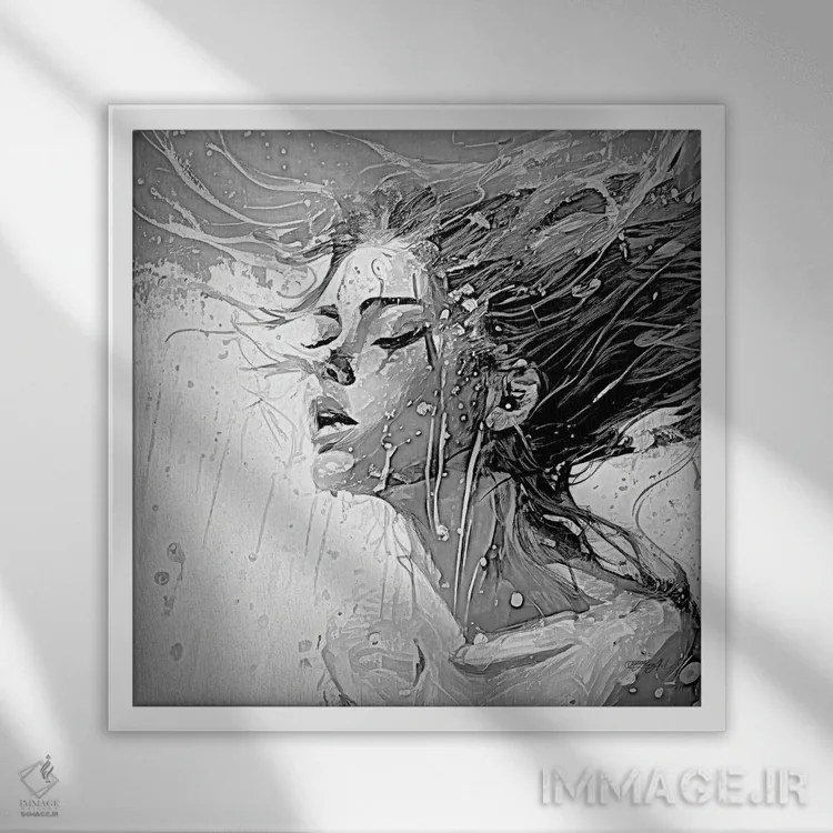 تابلو دکوراتیو نقاشی اکسپرسیونیستی از زنی در حال شنا در استخر به صورت سیاه و… اثر اولنا آرت - نمای قابدار سفید