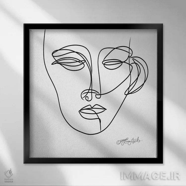 تابلو مینیمال چهره ی زن به صورت پرتره ی خطی، طراحی با یک خط اثر اولنا آرت - نمای قابدار مشکی