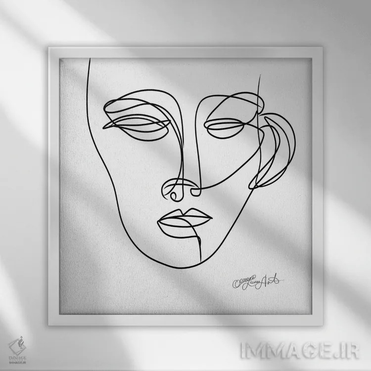 تابلو مینیمال چهره ی زن به صورت پرتره ی خطی، طراحی با یک خط اثر اولنا آرت - نمای قابدار سفید