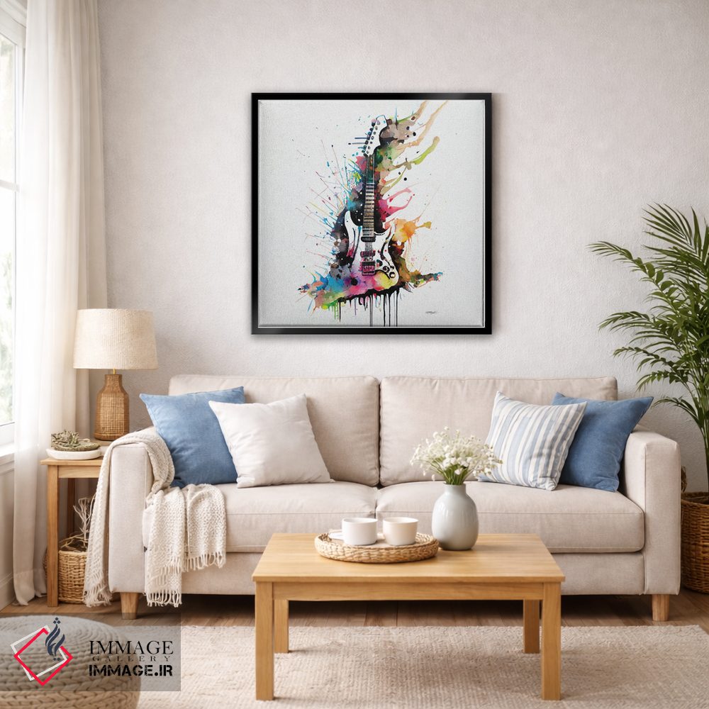 تابلو دکوراتیو تصویر آبرنگی رنگارنگ از گیتار روی زمینه سفید اثر اولنا آرت - D6B